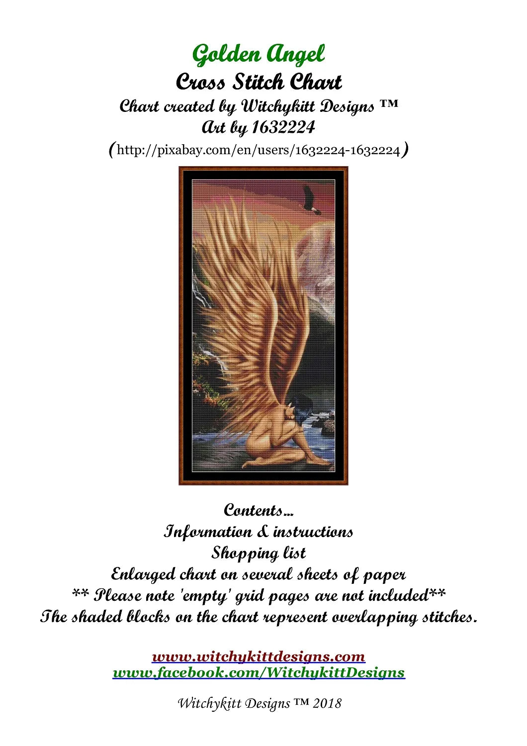 Golden Angel patterns are expertly created from art by 1632224 under Public Domain CC0 license Golden Angel is a fantasy angel pattern that comes as a full coverage pattern with no back-stitching. Additionally, Golden Angel is available in 2 different design sizes - cross stitch small & regular Each sale includes both B&W and colour charts