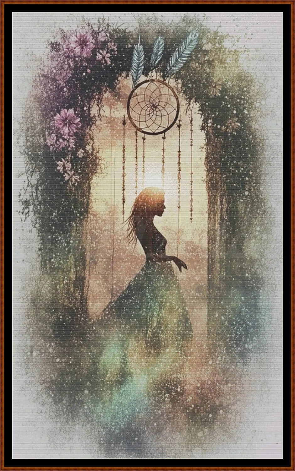 Silhouette of a woman in a flowing dress with a dreamcatcher and flowers in the background
