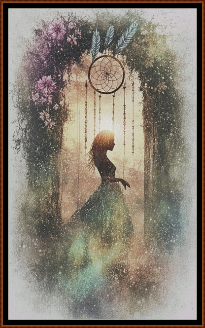 Silhouette of a woman in a flowing dress with a dreamcatcher and flowers in the background