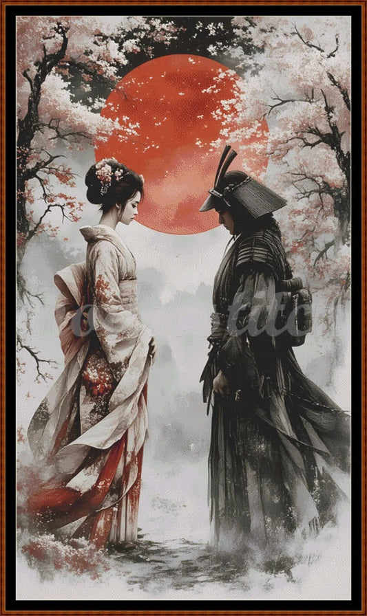 Traditional Japanese couple in a landscape with cherry blossoms and a red sun.
