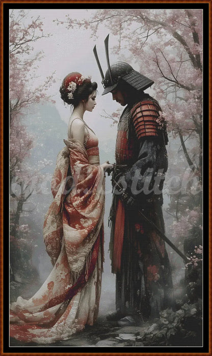 Painting of a samurai and a geisha in a cherry blossom garden