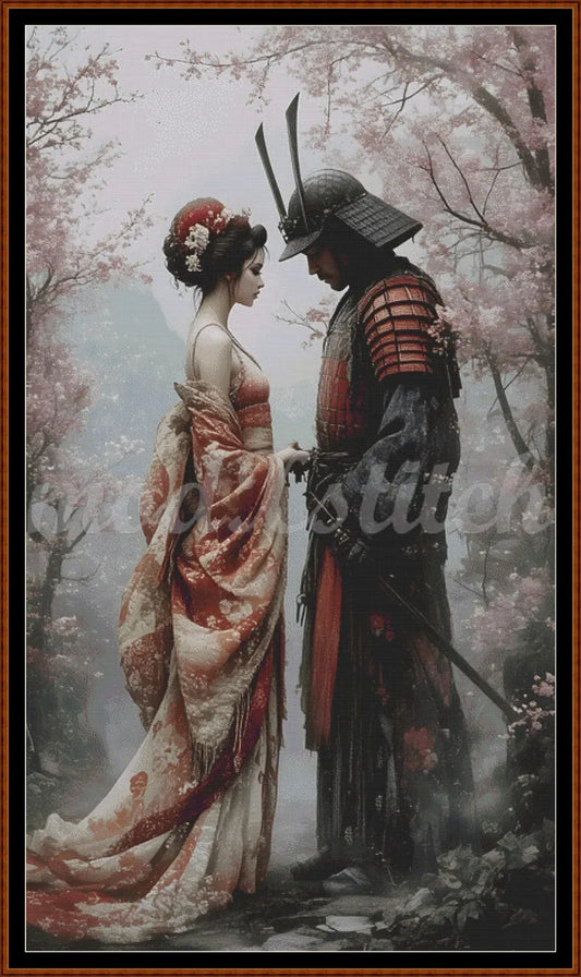 Painting of a samurai and a geisha in a cherry blossom garden