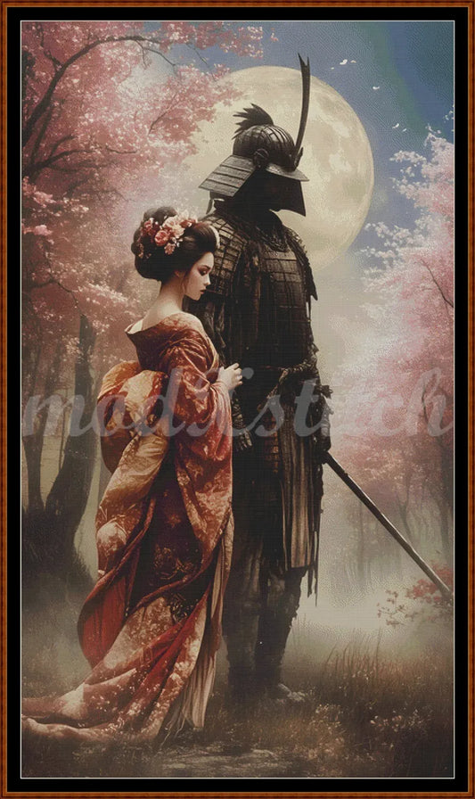 Samurai and geisha standing under a cherry blossom tree with a full moon in the background