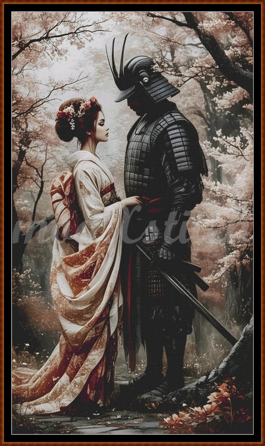 Samurai and geisha in a cherry blossom forest