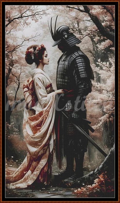 Samurai and geisha in a cherry blossom forest