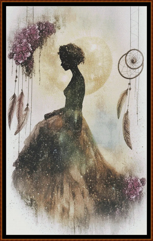 Silhouette of a woman with a dreamcatcher and feathers in a mystical setting