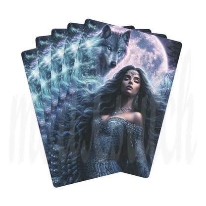 A fan of oracle or tarot cards displaying a fantasy illustration of a woman with long dark hair in a silver gown, with a large wolf and a glowing moon in the background, set against a plain white backdrop.