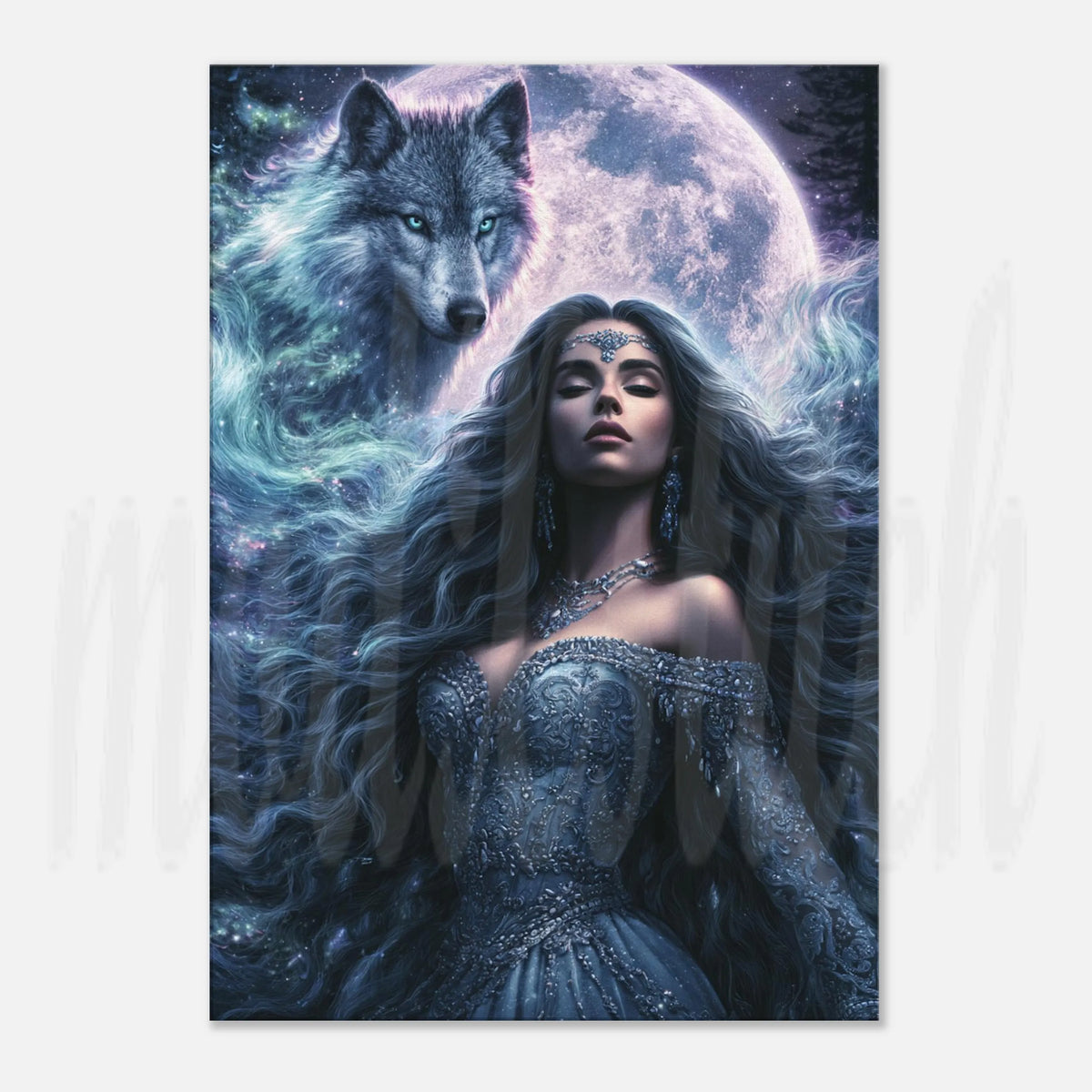 A vertical fantasy art print featuring a woman in a sparkling blue gown with long flowing hair, posed in front of a large moon with a wolf behind her, shown against a light gray background.