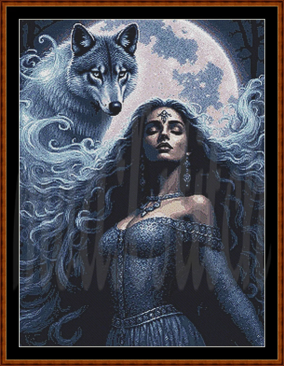A framed fantasy artwork showing a woman in a blue gown with long flowing hair beside a wolf, set against a large moonlit sky. The frame is dark brown wood, and the artwork fills most of the image.