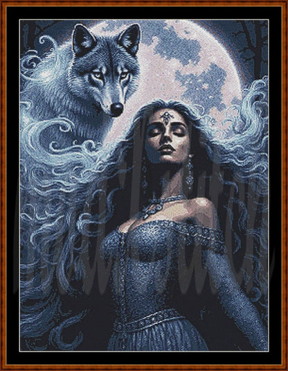 A framed fantasy artwork showing a woman in a blue gown with long flowing hair beside a wolf, set against a large moonlit sky. The frame is dark brown wood, and the artwork fills most of the image.