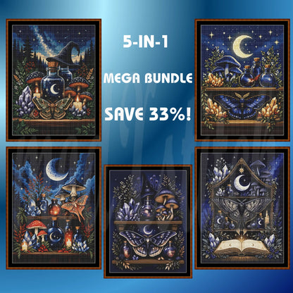 A promotional collage showing five framed mystical artwork panels arranged on a blue gradient background with large text reading '5-IN-1 MEGA BUNDLE' and 'SAVE 33%!'. The artwork depicts dark fantasy scenes with moons, stars, mushrooms, crystals, bottles, and an open book in deep blue, purple, gold, and black tones.