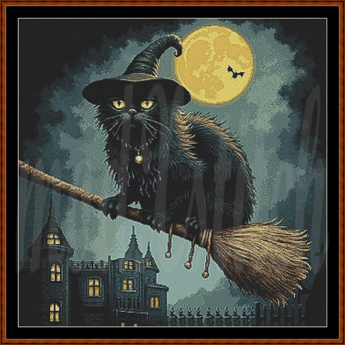 A framed Halloween-themed artwork showing a black cat wearing a witch hat and collar, perched on a broomstick in front of a full moon and haunted house. The scene is rendered in a pixelated, cross-stitch-like style and is enclosed in a dark frame.