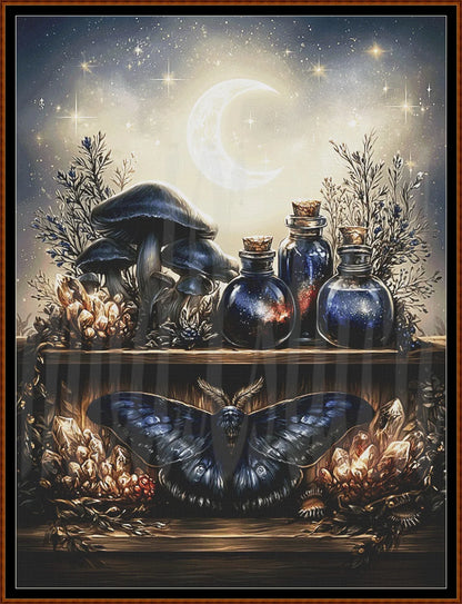 A mystical still life artwork showing blue glass bottles with glowing embers, large mushrooms, dried herbs, crystals, and a large blue moth beneath a wooden surface, set against a starry night sky with a crescent moon.
