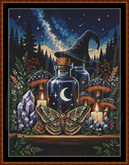 A framed witch-themed needlepoint or cross-stitch design featuring a dark blue night sky with stars and a shooting star, two glass bottles with moon symbols, a witch hat, mushrooms, candles, crystals, and a large moth on a wooden surface.