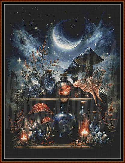 A mystical night scene artwork showing a crescent moon in a starry sky above glowing blue glass bottles, crystals, mushrooms, and a large moth, framed by a dark border.