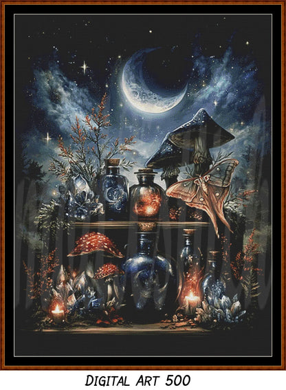 Witch's Shelf - Fire Cross Stitch Pattern | Full Coverage Fine Art Chart PDF Bundle