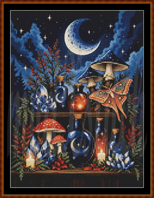 A framed fantasy artwork depicting a moonlit night scene with a crescent moon, stars, blue clouds, mushrooms, glowing bottles, crystals, and a large moth. The scene is enclosed in a dark brown wooden frame with a black mat border.