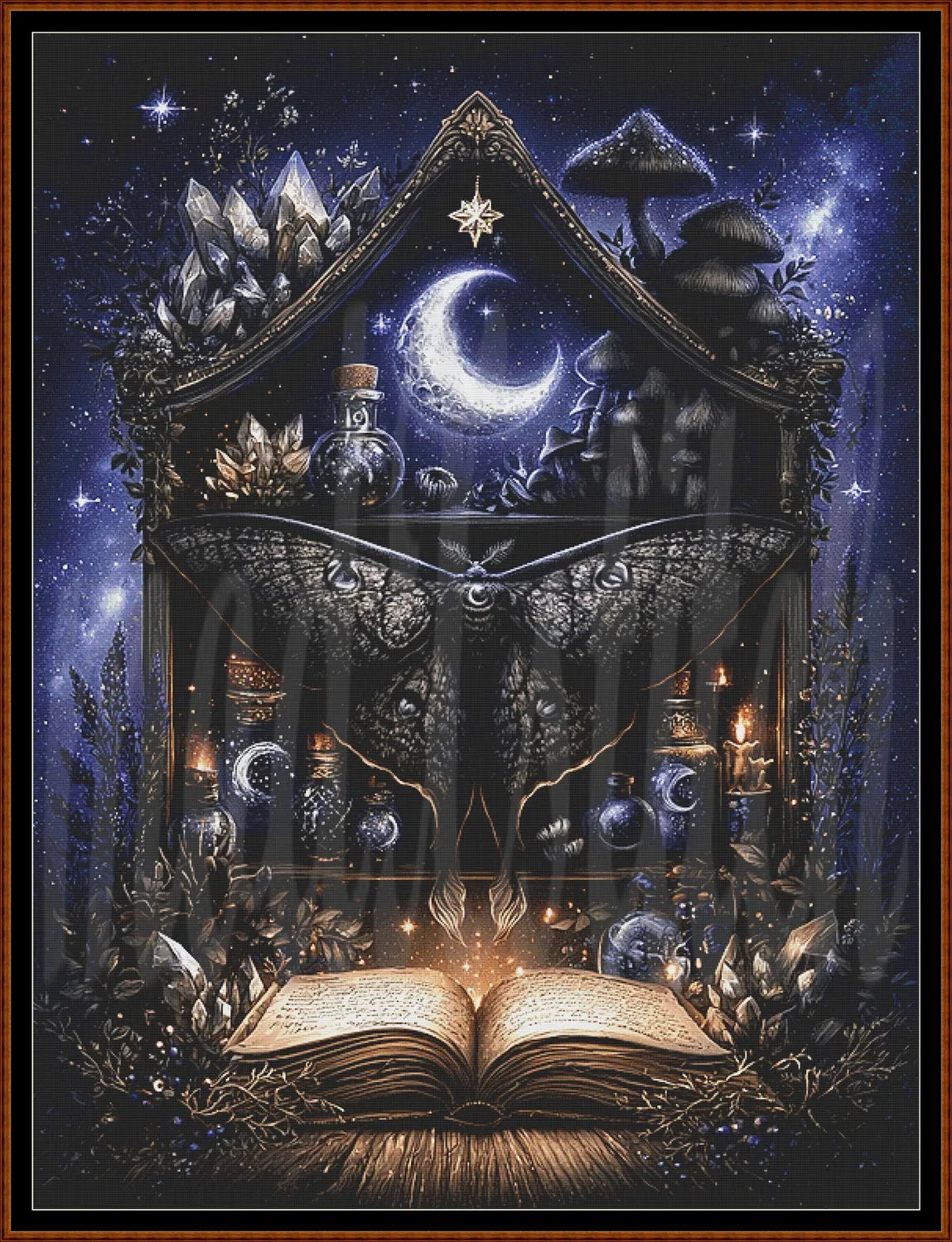 A dark, mystical fantasy artwork showing a large black moth in front of a glowing open book, crystals, mushrooms, bottles, and candles under a crescent moon and starry night sky. The scene is framed by a thin brown border.