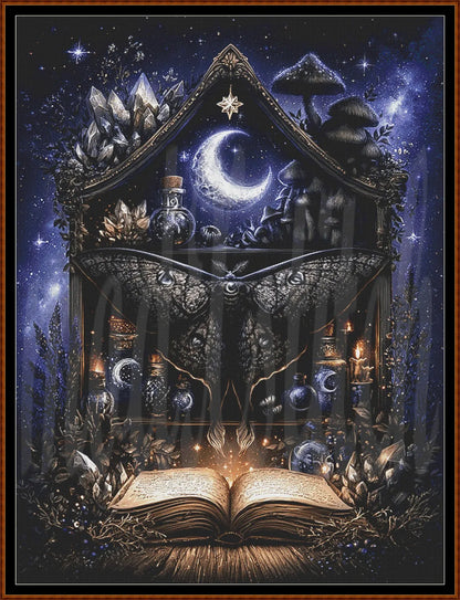 A dark, mystical fantasy artwork showing a large black moth in front of a glowing open book, crystals, mushrooms, bottles, and candles under a crescent moon and starry night sky. The scene is framed by a thin brown border.