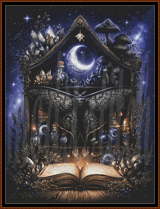 A dark, mystical fantasy artwork showing a large black moth in front of a glowing open book, crystals, mushrooms, bottles, and candles under a crescent moon and starry night sky. The scene is framed by a thin brown border.