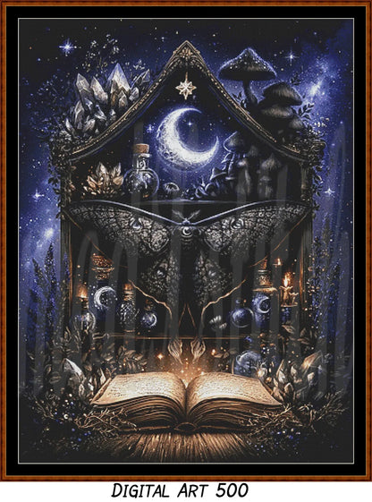 Witch's Shelf - Water Cross Stitch Pattern | Full Coverage Fine Art Chart PDF Bundle