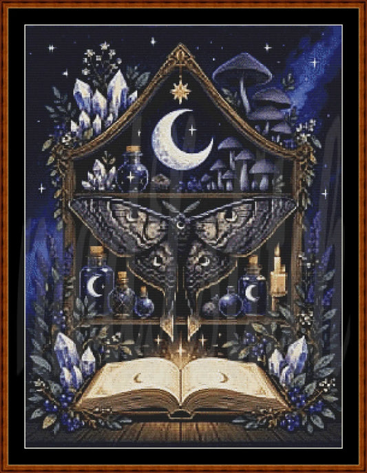 Framed witch's shelf pixel art cross stitch design with crystals, moon, candles, and open book