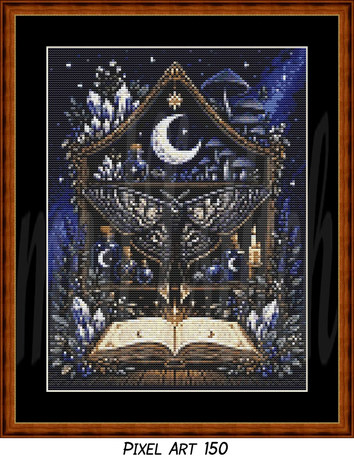 Framed pixel art cross stitch (150 stitch version) of witch’s shelf, crystals, blue sky, and open book
