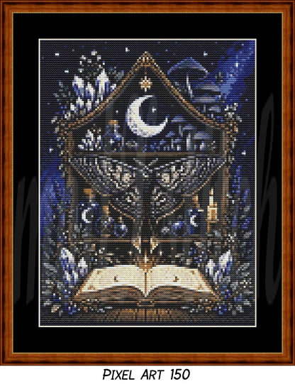 Framed pixel art cross stitch (150 stitch version) of witch’s shelf, crystals, blue sky, and open book