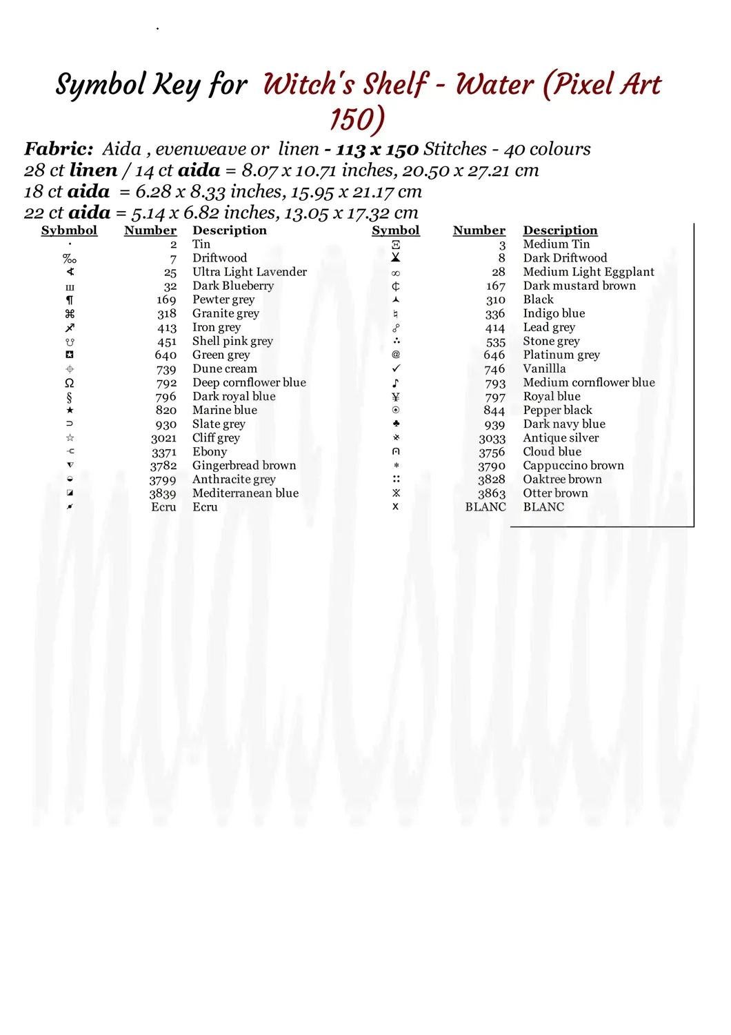 Symbol key chart for Witch's Shelf Water cross stitch pattern, 150 stitches, color list and sizes