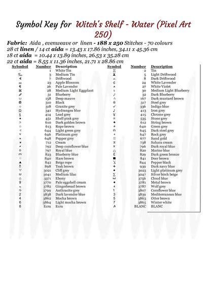 Symbol key chart for Witch's Shelf Water cross stitch pattern, 250 stitches, color list and sizes