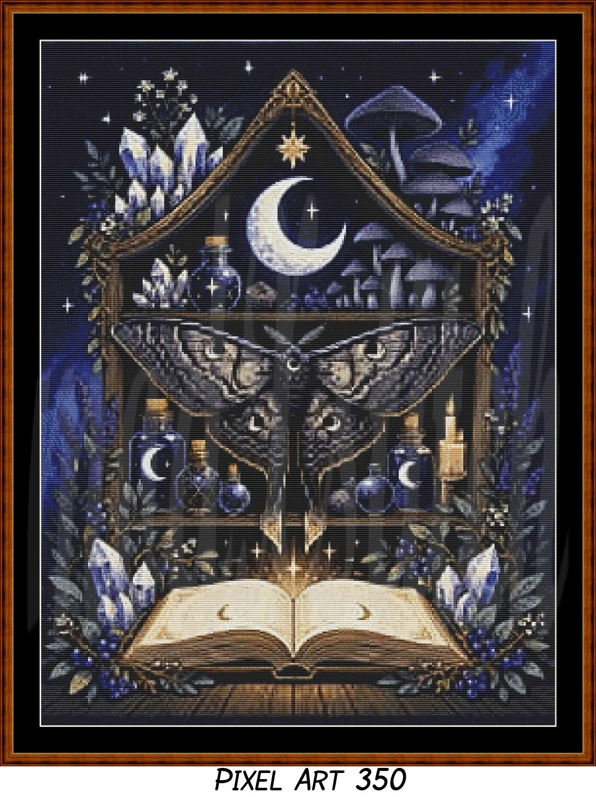 Closeup of pixel art cross stitch (350 stitch version) depicting witch's shelf, moon, and glass bottles