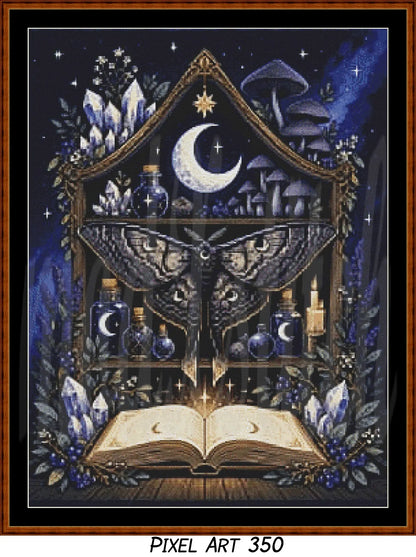 Closeup of pixel art cross stitch (350 stitch version) depicting witch's shelf, moon, and glass bottles