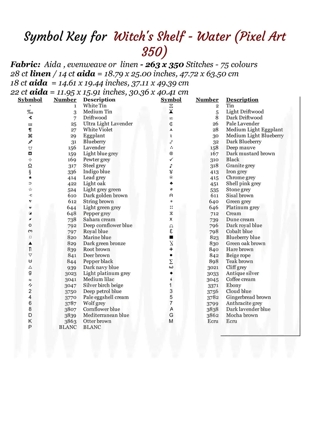 Symbol key chart for Witch's Shelf Water cross stitch pattern, 350 stitches, color list and sizes