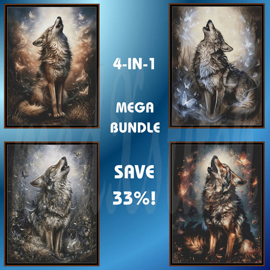 A promotional collage showing four framed wolf artwork panels arranged in a 2x2 grid on a blue background, with large text reading '4-IN-1 MEGA BUNDLE' and 'SAVE 33%!'. The wolf paintings depict the animal in dramatic natural scenes, and this is not a clean single-product studio shot.