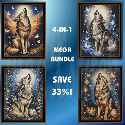 A promotional collage showing four framed wolf artwork panels arranged around central text that reads '4-IN-1 MEGA BUNDLE' and 'SAVE 33%!'. The product appears to be a bundle of four framed wall art pieces featuring painted wolves in different colorways against moonlit backgrounds.