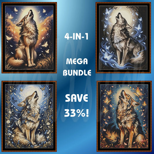 A promotional collage showing four framed wolf artwork panels arranged around central text that reads '4-IN-1 MEGA BUNDLE' and 'SAVE 33%!'. The product appears to be a bundle of four framed wall art pieces featuring painted wolves in different colorways against moonlit backgrounds.
