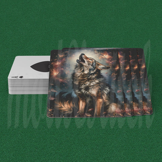 A deck of playing cards displayed on a green felt surface, with one card face-up showing a detailed illustration of a howling wolf in a fiery forest, and a stack of white-backed cards with black spades visible to the left.