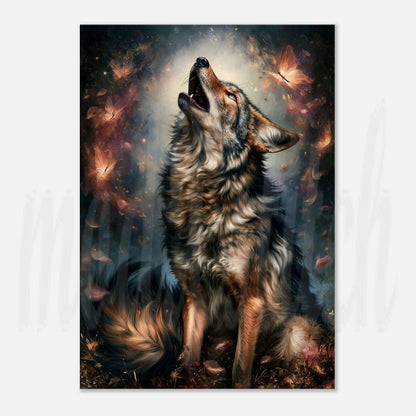 A vertical art print depicting a howling wolf surrounded by glowing butterflies and floating petals in a dark, mystical scene, shown against a light gray background.