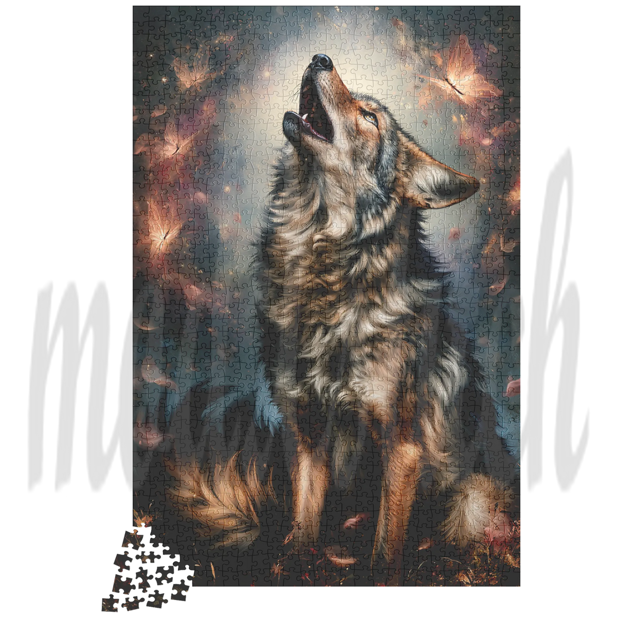 A jigsaw puzzle featuring a dramatic portrait of a howling wolf against a dark, glowing background with floating petals. A small pile of loose puzzle pieces sits at the lower left.