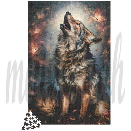 A jigsaw puzzle featuring a dramatic portrait of a howling wolf against a dark, glowing background with floating petals. A small pile of loose puzzle pieces sits at the lower left.