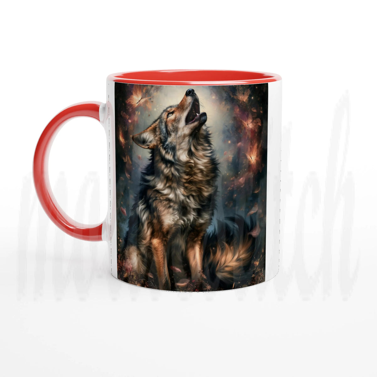 A ceramic mug with a red handle and pink interior, featuring a printed graphic of a howling wolf against a dark, fiery background.