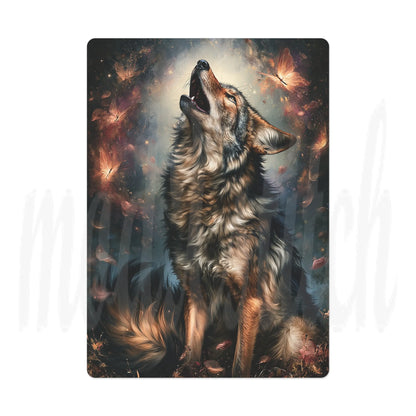 A vertical rectangular art print or poster featuring a detailed illustration of a howling wolf surrounded by glowing butterflies and warm light particles, shown against a plain white background.
