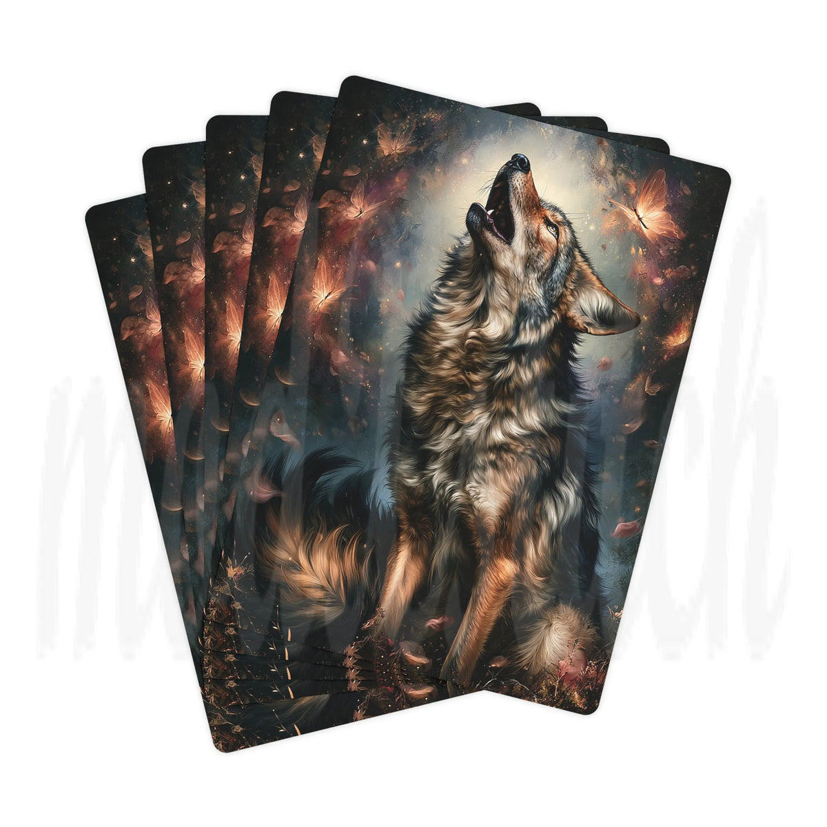 A fan of illustrated cards showing a dramatic wolf howling in a dark forest with glowing leaves and warm light effects, photographed on a white background.