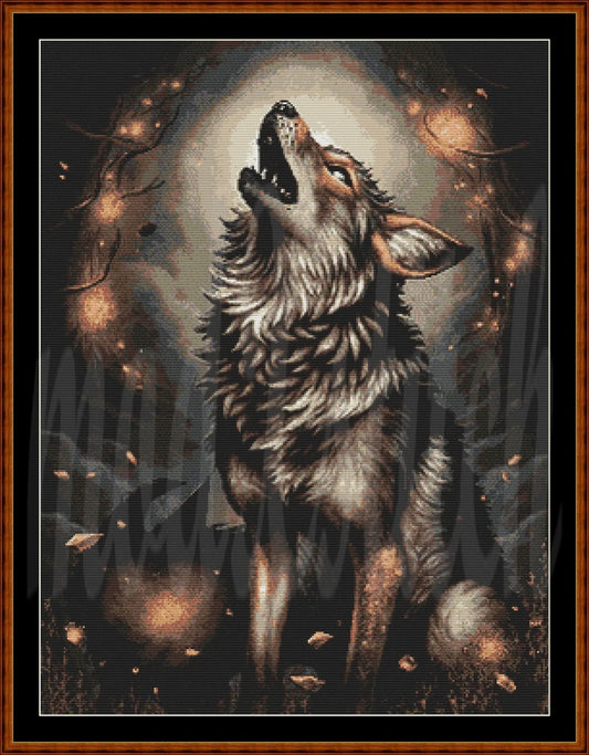 A framed fantasy artwork showing a howling wolf centered against a dark forest background with glowing light orbs and leaves. The piece is presented within a brown wooden frame.