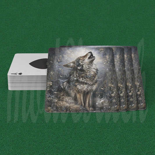 A deck of playing cards with a wolf illustration on the top card, fanned out next to a stack of white-backed cards on a green felt surface.
