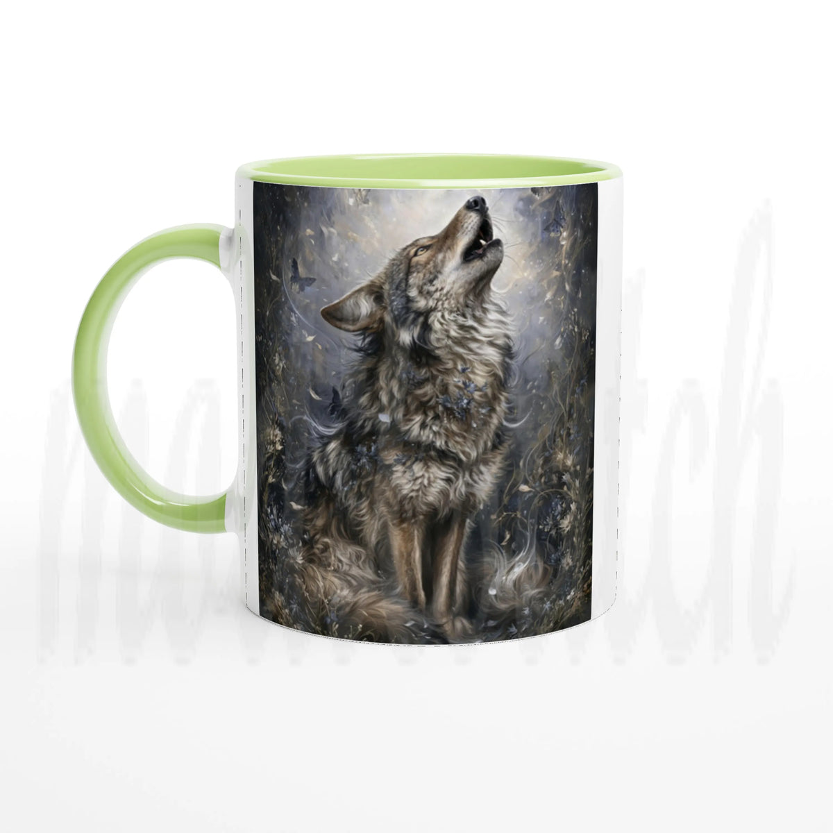 A ceramic mug with a light green handle and interior, featuring a detailed print of a howling wolf on the front, set against a plain white background.