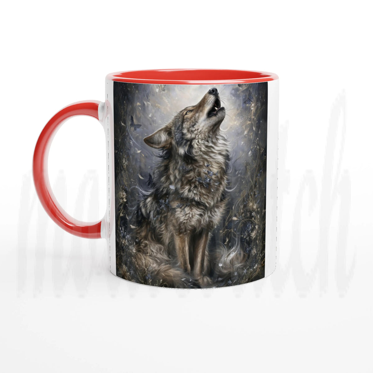 A ceramic mug with a red handle and red interior, featuring a printed graphic of a howling wolf on the front, set against a plain white background.