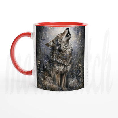 A ceramic mug with a red handle and red interior, featuring a printed graphic of a howling wolf on the front, set against a plain white background.