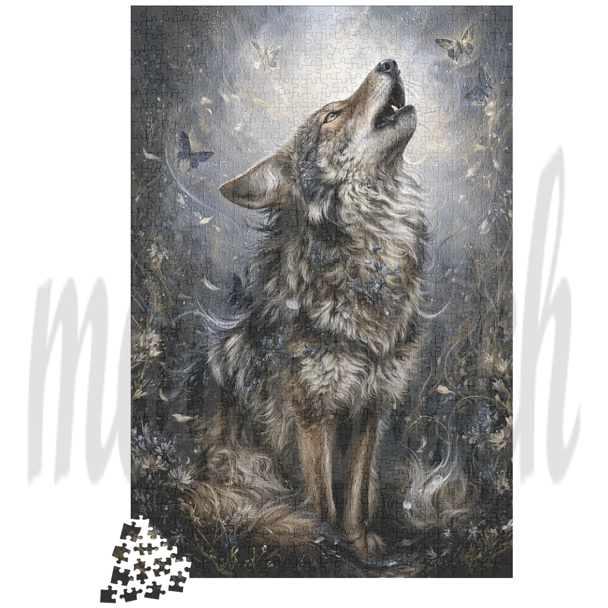 A jigsaw puzzle featuring a dramatic illustration of a howling wolf in a dark, misty forest with butterflies and small flowers. The puzzle is shown against a white background with a small pile of loose puzzle pieces at the bottom left.