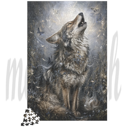 A jigsaw puzzle featuring a dramatic illustration of a howling wolf in a dark, misty forest with butterflies and small flowers. The puzzle is shown against a white background with a small pile of loose puzzle pieces at the bottom left.